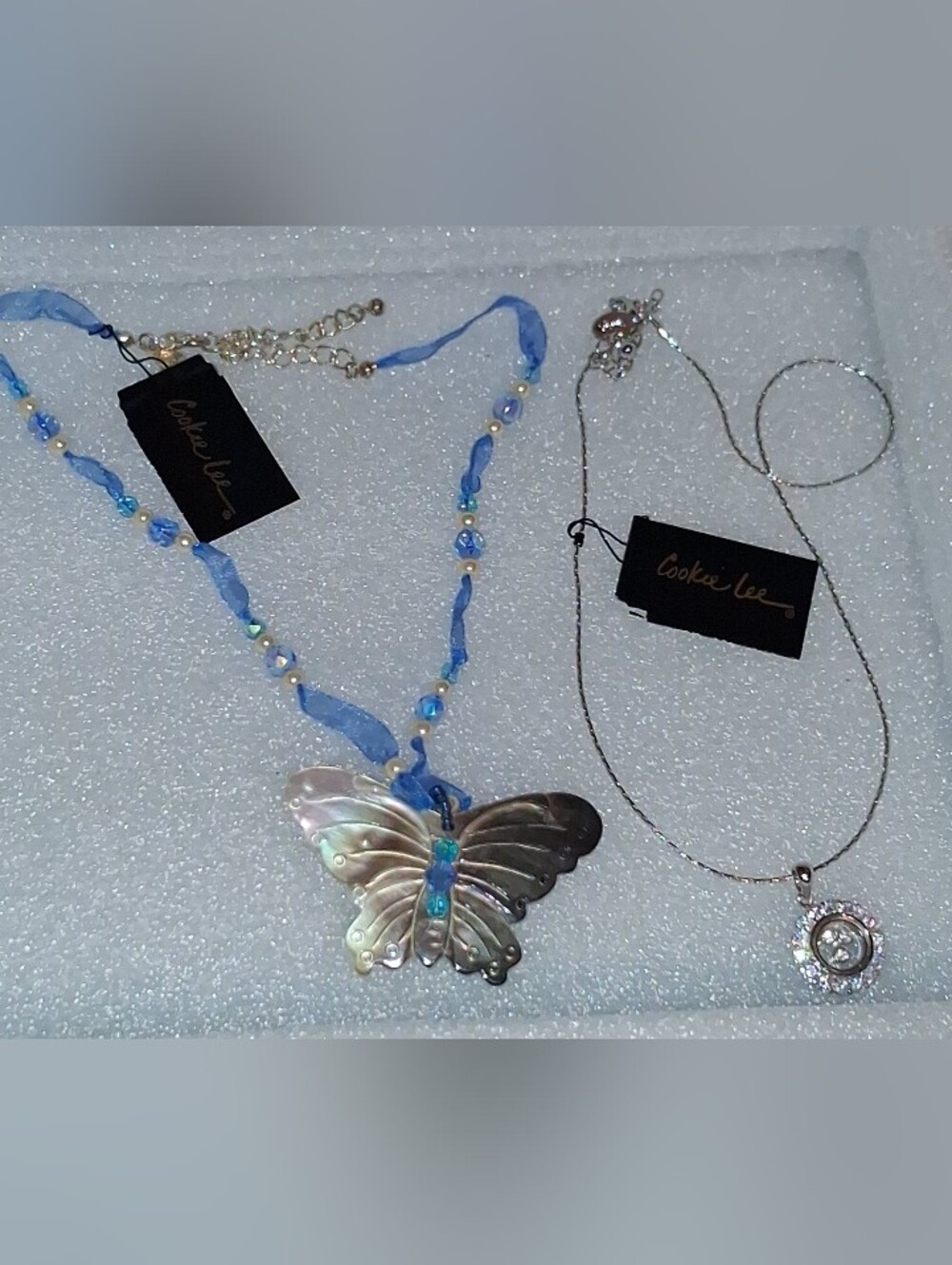 Cookie Lee Iridescent Butterfly Pendant Necklace with Blue Ribbon